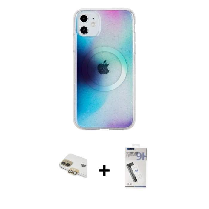 MARSİLYAN™- iPhone 11 Kılıf Pusula Form - Şeffaf Uv Polymer Nano Ekran Koruyucu + Pers Alüminyum Kamera Lens - GD