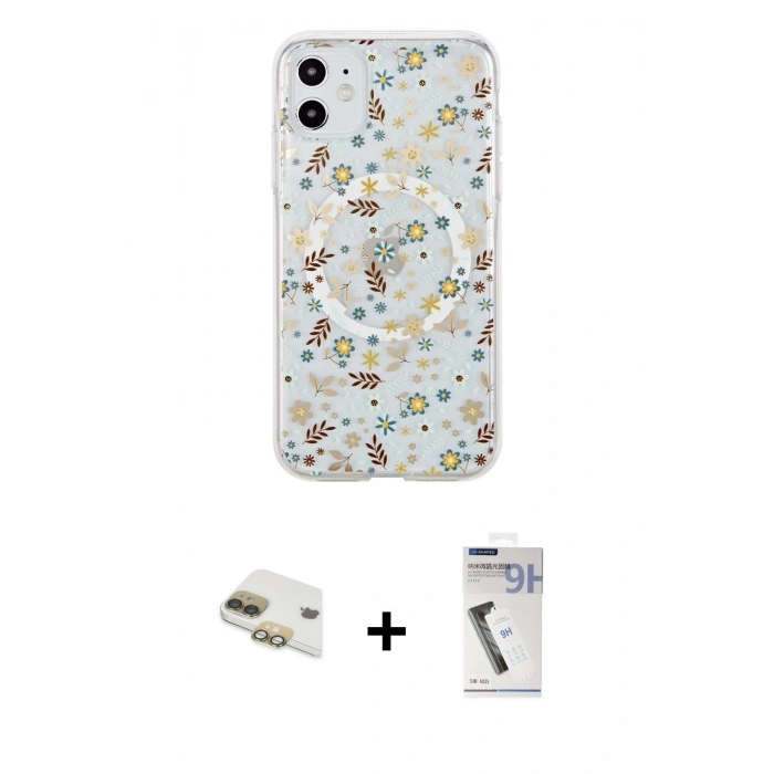 MARSİLYAN™- iPhone 11 Kılıf Pusula Form - Şeffaf Uv Polymer Nano Ekran Koruyucu + Pers Alüminyum Kamera Lens - GD