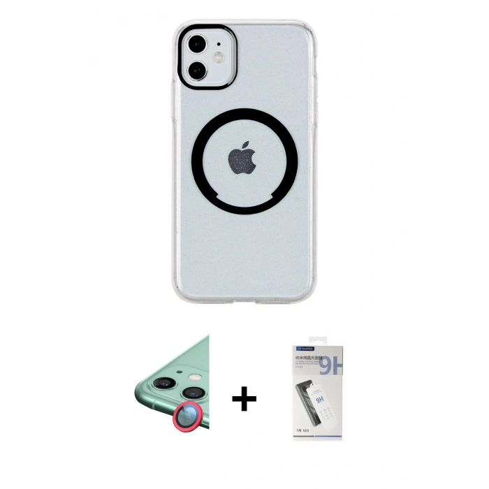 MARSİLYAN™- iPhone 11 Kılıf Pusula Form - Şeffaf Uv Polymer Nano Ekran Koruyucu + Raze Metal Kamera Lens - KI