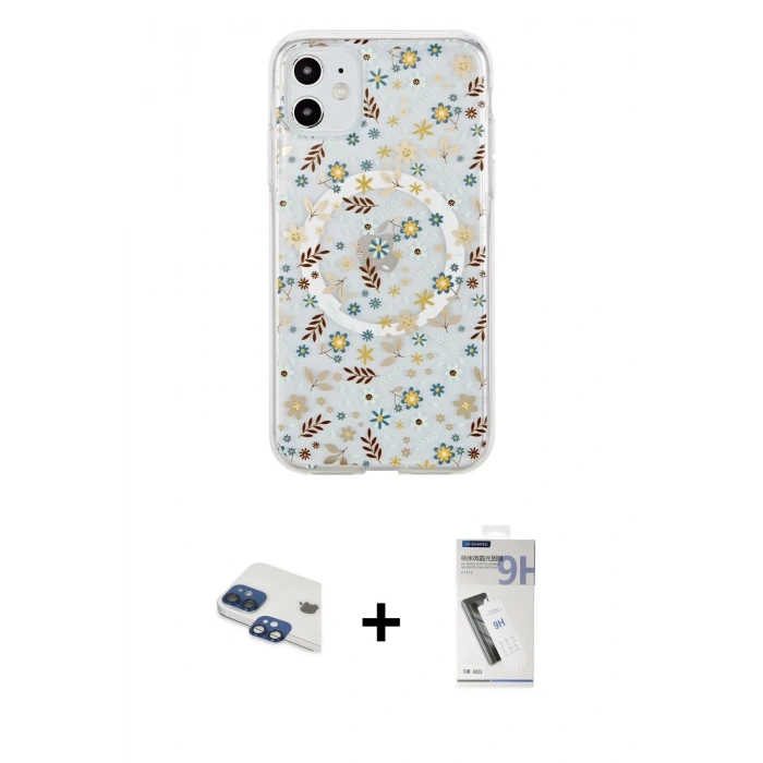 MARSİLYAN™- iPhone 11 Kılıf Pusula Form - Şeffaf Uv Polymer Nano Ekran Koruyucu + Lacivert Pers Alüminyum Kamera Lens
