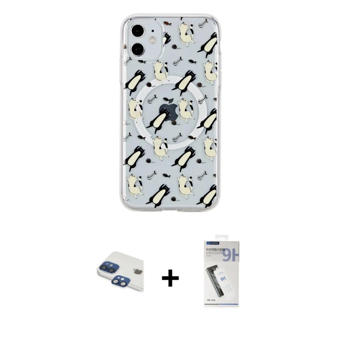 MARSİLYAN™- iPhone 11 Kılıf Pusula Form - Şeffaf Uv Polymer Nano Ekran Koruyucu + Lacivert Pers Alüminyum Kamera Lens