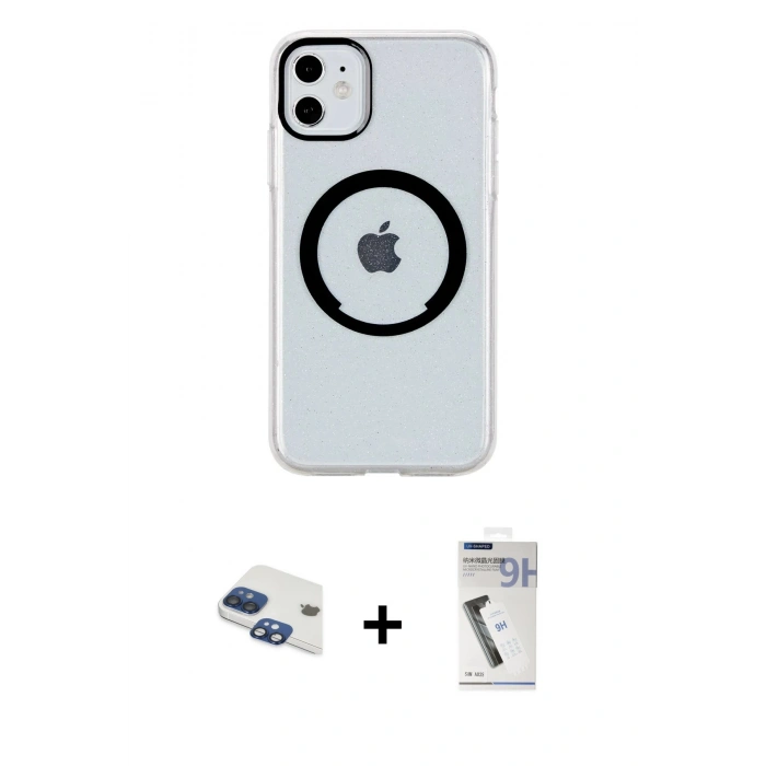 MARSİLYAN™- iPhone 11 Kılıf Pusula Form - Şeffaf Uv Polymer Nano Ekran Koruyucu + Lacivert Pers Alüminyum Kamera Lens