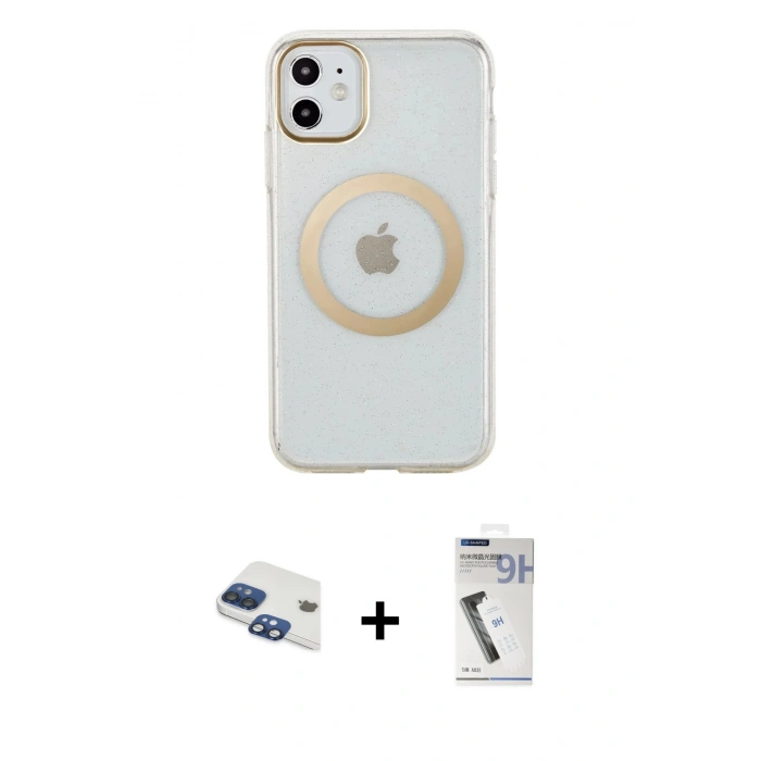 MARSİLYAN™- iPhone 11 Kılıf Pusula Form - Şeffaf Uv Polymer Nano Ekran Koruyucu + Lacivert Pers Alüminyum Kamera Lens