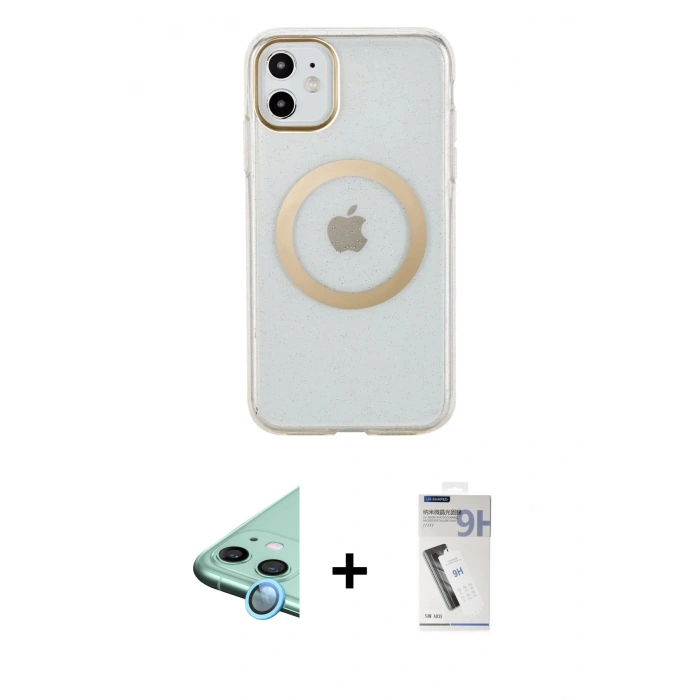 MARSİLYAN™- iPhone 11 Kılıf Pusula Form - Şeffaf Uv Polymer Nano Ekran Koruyucu + Mavi Raze Metal Kamera Lens