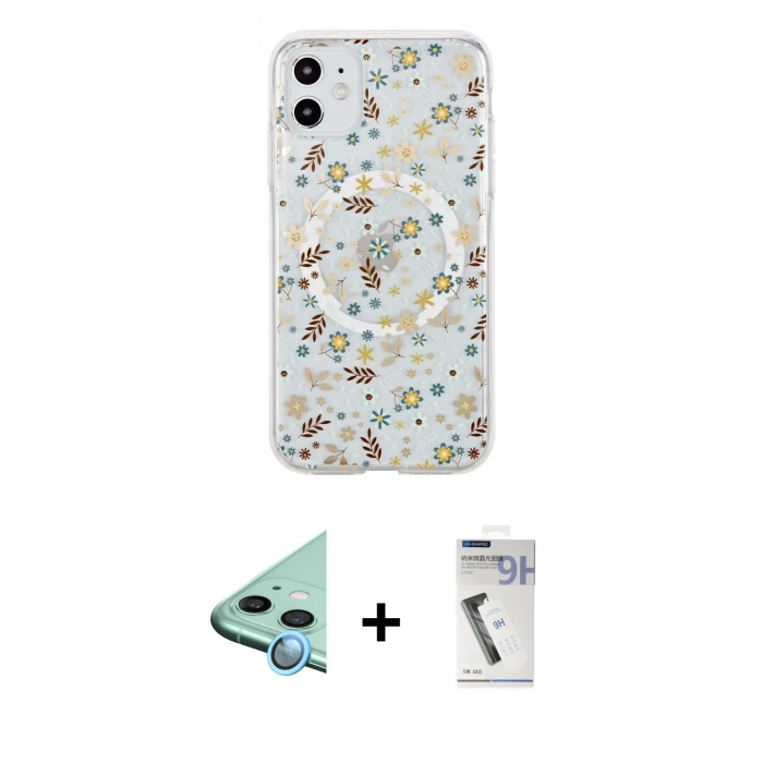 MARSİLYAN™- iPhone 11 Kılıf Pusula Form - Şeffaf Uv Polymer Nano Ekran Koruyucu + Mavi Raze Metal Kamera Lens