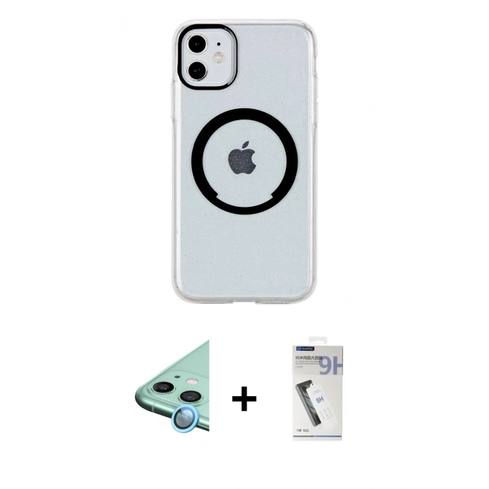 MARSİLYAN™- iPhone 11 Kılıf Pusula Form - Şeffaf Uv Polymer Nano Ekran Koruyucu + Mavi Raze Metal Kamera Lens