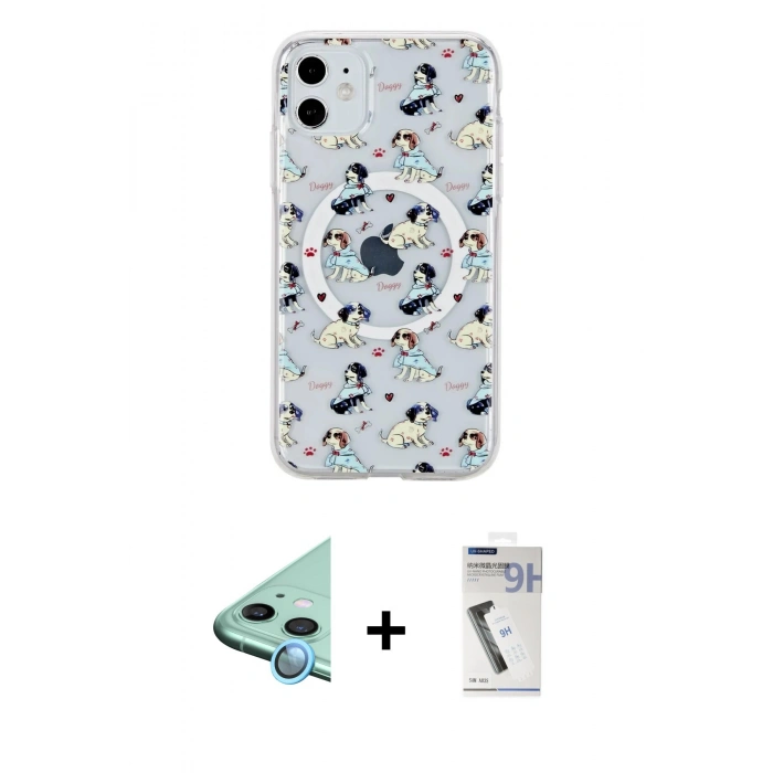 MARSİLYAN™- iPhone 11 Kılıf Pusula Form - Şeffaf Uv Polymer Nano Ekran Koruyucu + Mavi Raze Metal Kamera Lens