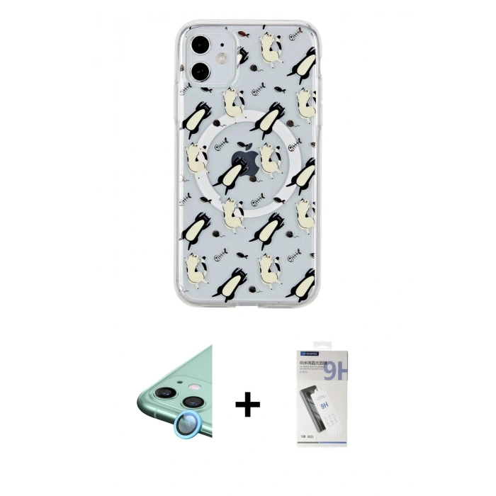 MARSİLYAN™- iPhone 11 Kılıf Pusula Form - Şeffaf Uv Polymer Nano Ekran Koruyucu + Mavi Raze Metal Kamera Lens
