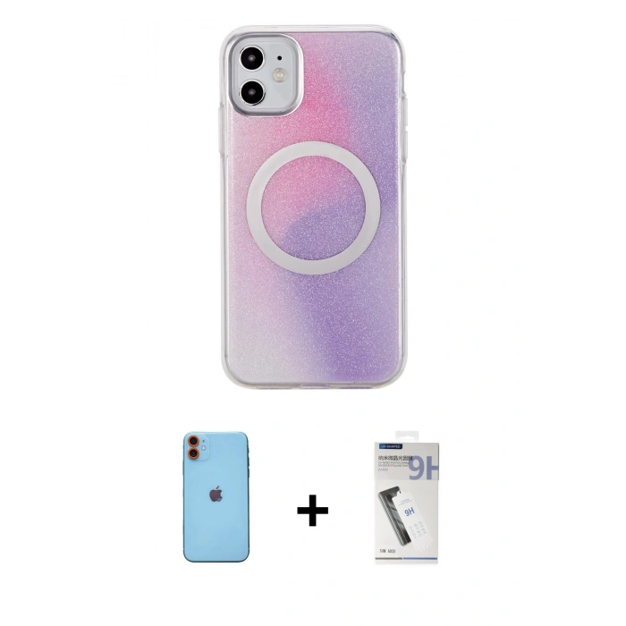 MARSİLYAN™- iPhone 11 Kılıf Pusula Form - Şeffaf Uv Polymer Nano Ekran Koruyucu + Neon Fosforlu Kamera Lens - TU