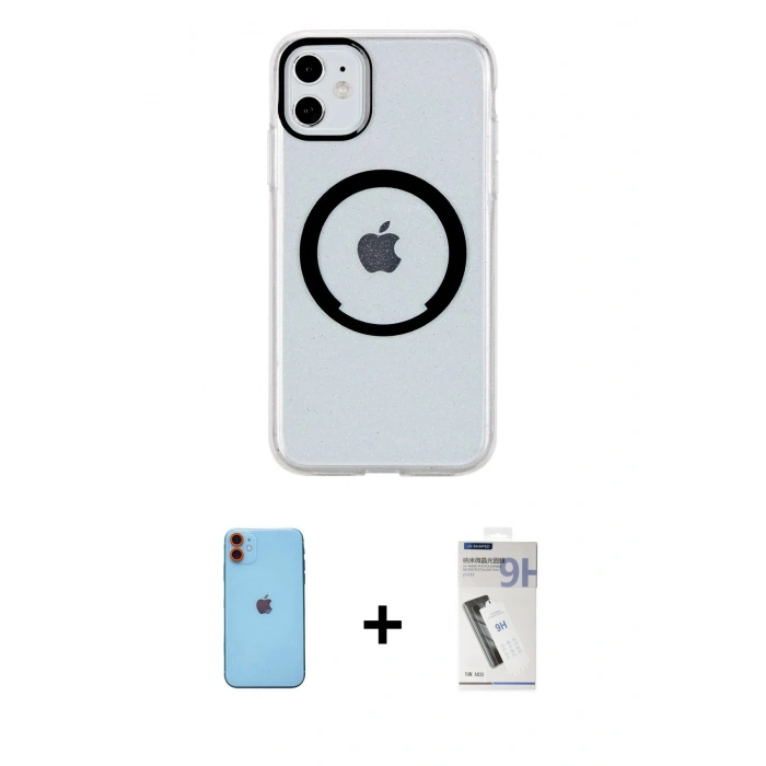 MARSİLYAN™- iPhone 11 Kılıf Pusula Form - Şeffaf Uv Polymer Nano Ekran Koruyucu + Neon Fosforlu Kamera Lens - TU