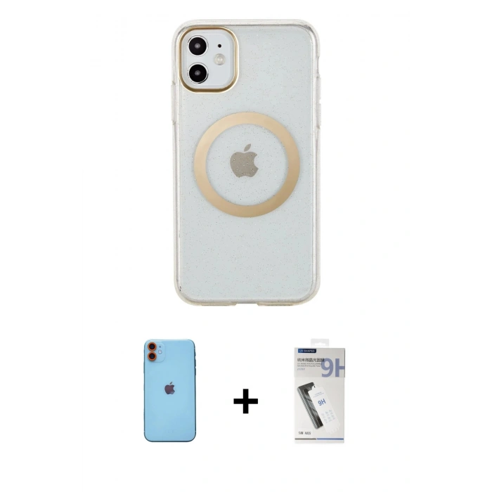 MARSİLYAN™- iPhone 11 Kılıf Pusula Form - Şeffaf Uv Polymer Nano Ekran Koruyucu + Neon Fosforlu Kamera Lens - TU