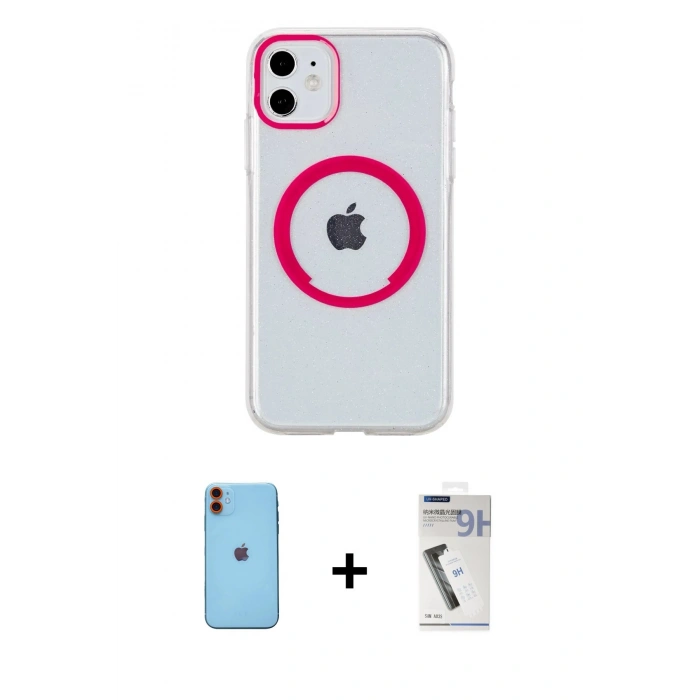 MARSİLYAN™- iPhone 11 Kılıf Pusula Form - Şeffaf Uv Polymer Nano Ekran Koruyucu + Neon Fosforlu Kamera Lens - TU