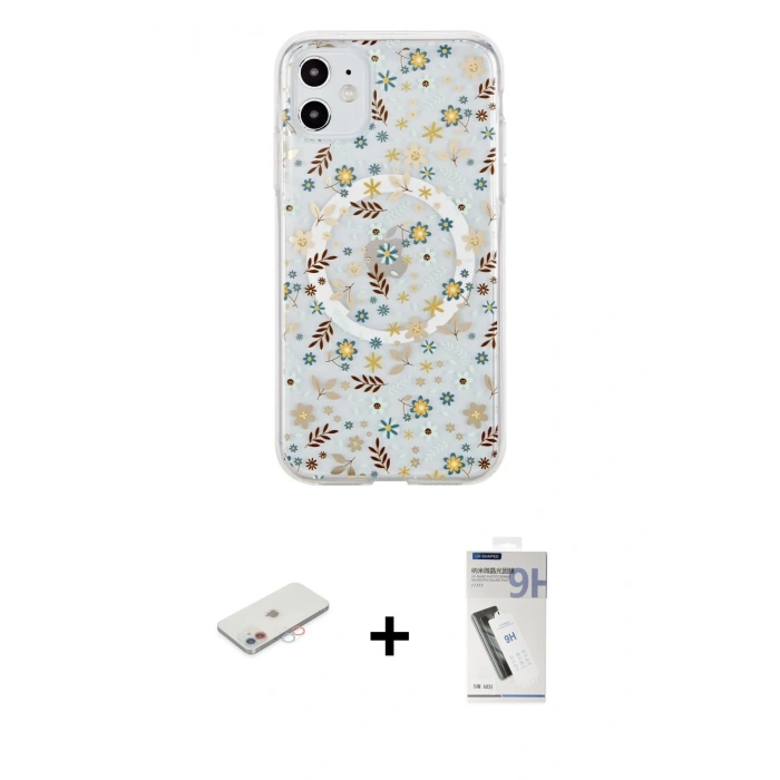 MARSİLYAN™- iPhone 11 Kılıf Pusula Form - Şeffaf Uv Polymer Nano Ekran Koruyucu + Renkli Kamera Lens Koruma Cam - PE