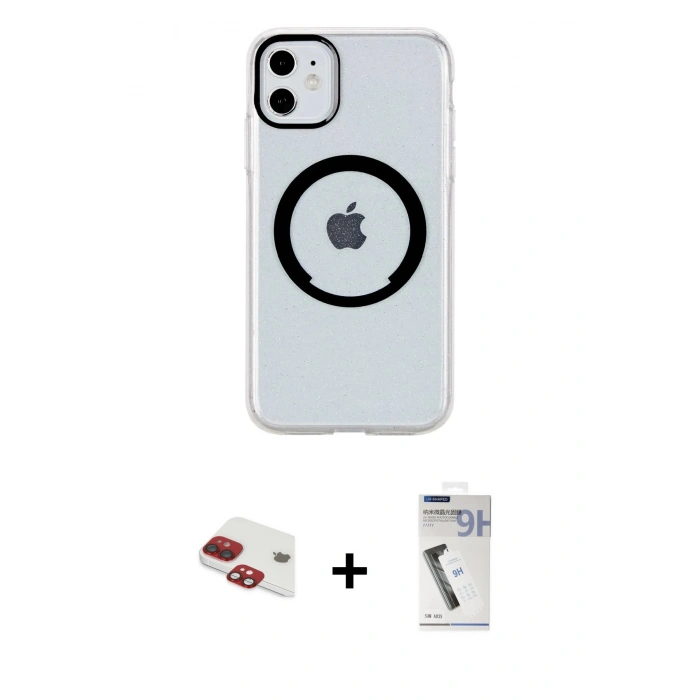 MARSİLYAN™- iPhone 11 Kılıf Pusula Form - Şeffaf Uv Polymer Nano Ekran Koruyucu + Pers Alüminyum Kamera Lens - KI