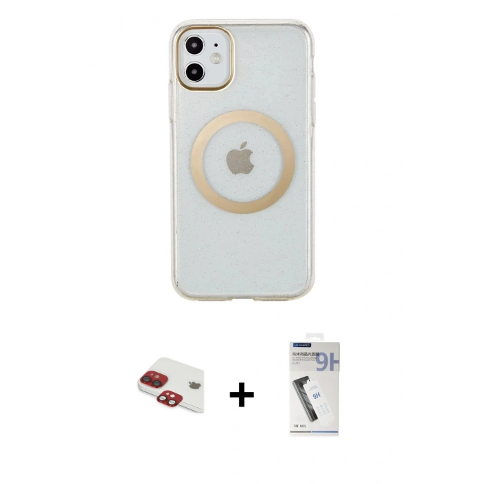 MARSİLYAN™- iPhone 11 Kılıf Pusula Form - Şeffaf Uv Polymer Nano Ekran Koruyucu + Pers Alüminyum Kamera Lens - KI