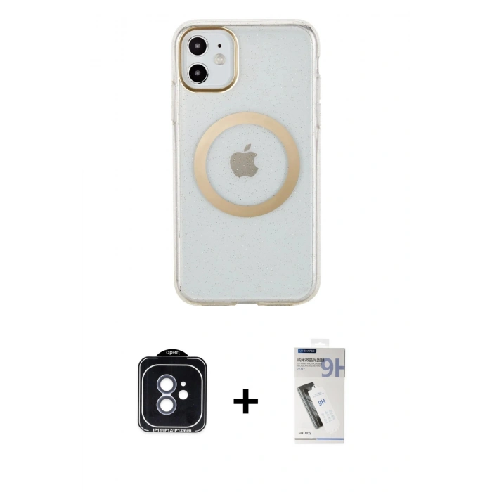 MARSİLYAN™- iPhone 11 Kılıf Pusula Form - Şeffaf Uv Polymer Nano Ekran Koruyucu + PVD Metal Kamera Lens - MI