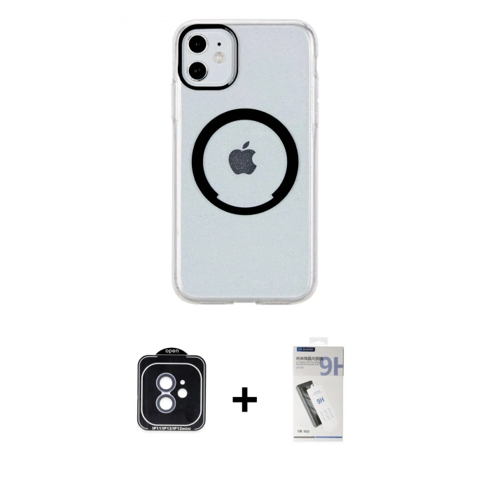 MARSİLYAN™- iPhone 11 Kılıf Pusula Form - Şeffaf Uv Polymer Nano Ekran Koruyucu + PVD Metal Kamera Lens - MI