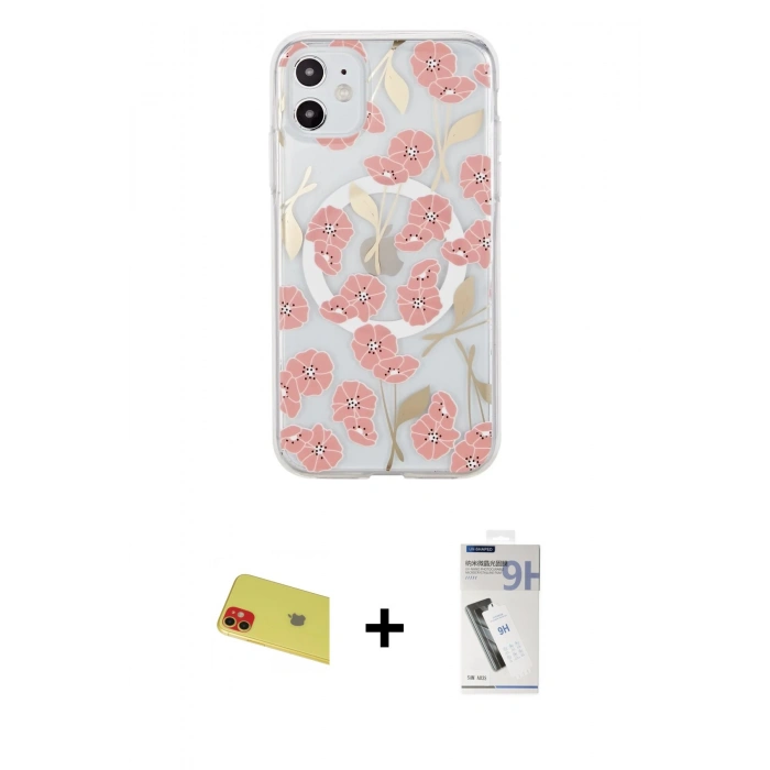 MARSİLYAN™- iPhone 11 Kılıf Pusula Form - Şeffaf Uv Polymer Nano Ekran Koruyucu + Rainbow Kamera Lens Koruma Cam - KI