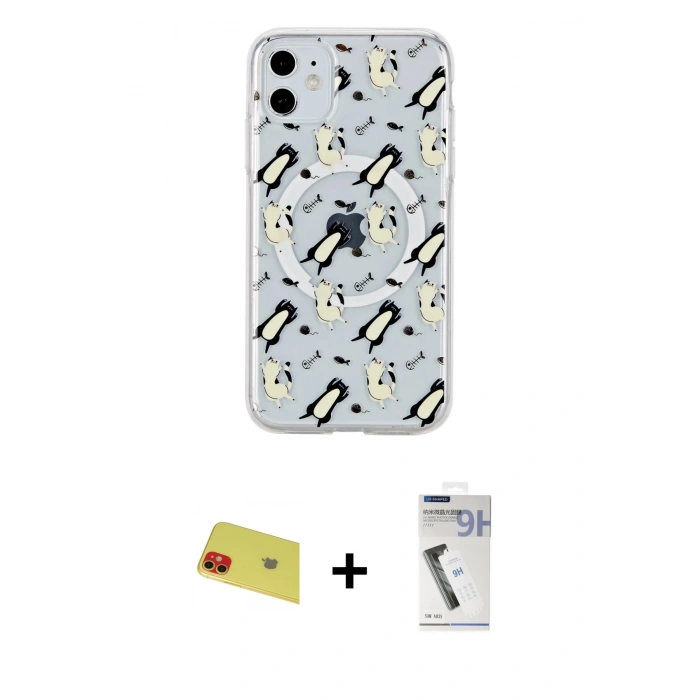 MARSİLYAN™- iPhone 11 Kılıf Pusula Form - Şeffaf Uv Polymer Nano Ekran Koruyucu + Rainbow Kamera Lens Koruma Cam - KI