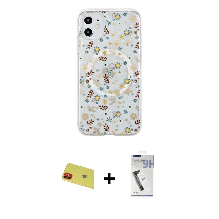 MARSİLYAN™- iPhone 11 Kılıf Pusula Form - Şeffaf Uv Polymer Nano Ekran Koruyucu + Rainbow Kamera Lens Koruma Cam - KI