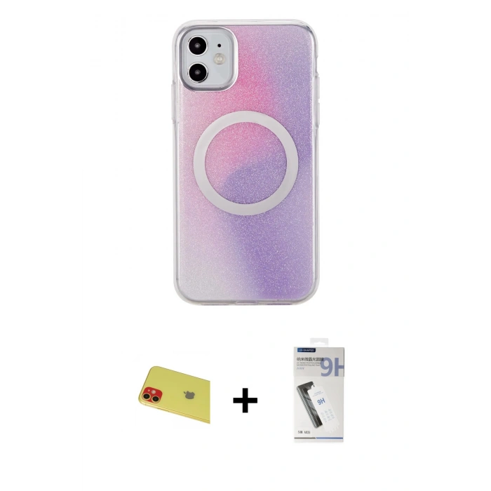 MARSİLYAN™- iPhone 11 Kılıf Pusula Form - Şeffaf Uv Polymer Nano Ekran Koruyucu + Rainbow Kamera Lens Koruma Cam - KI