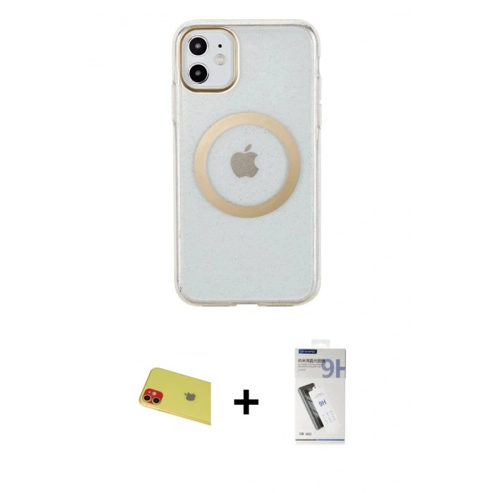 MARSİLYAN™- iPhone 11 Kılıf Pusula Form - Şeffaf Uv Polymer Nano Ekran Koruyucu + Rainbow Kamera Lens Koruma Cam - KI