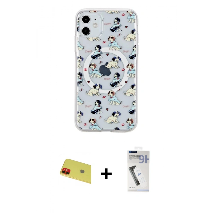 MARSİLYAN™- iPhone 11 Kılıf Pusula Form - Şeffaf Uv Polymer Nano Ekran Koruyucu + Rainbow Kamera Lens Koruma Cam - KI