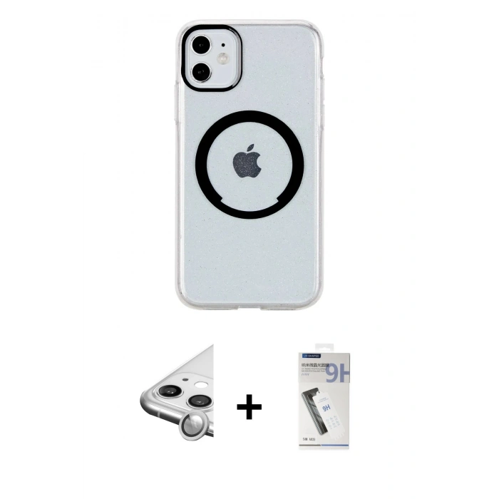 MARSİLYAN™- iPhone 11 Kılıf Pusula Form - Şeffaf Uv Polymer Nano Ekran Koruyucu + Raze Metal Kamera Lens - GS