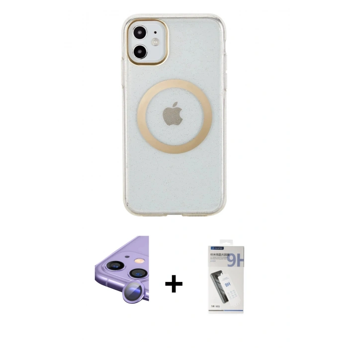 MARSİLYAN™- iPhone 11 Kılıf Pusula Form - Şeffaf Uv Polymer Nano Ekran Koruyucu + Raze Metal Kamera Lens - MR