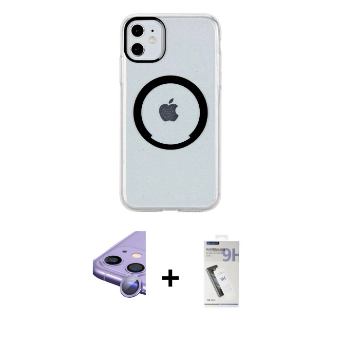 MARSİLYAN™- iPhone 11 Kılıf Pusula Form - Şeffaf Uv Polymer Nano Ekran Koruyucu + Raze Metal Kamera Lens - MR