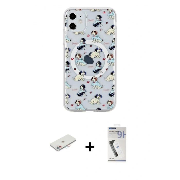 MARSİLYAN™- iPhone 11 Kılıf Pusula Form - Şeffaf Uv Polymer Nano Ekran Koruyucu + Renkli Kamera Lens Koruma Cam - PE