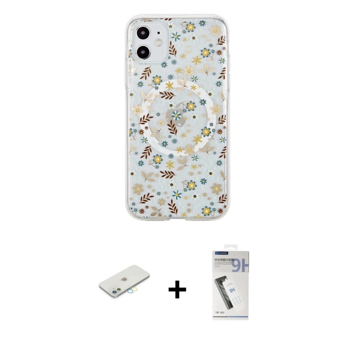 MARSİLYAN™- iPhone 11 Kılıf Pusula Form - Şeffaf Uv Polymer Nano Ekran Koruyucu + Renkli Kamera Lens Koruma Cam - SI