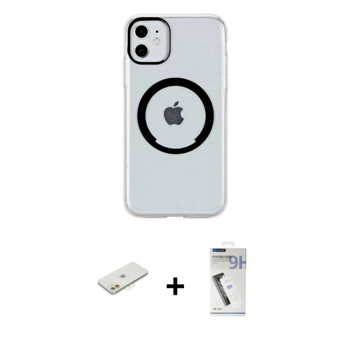 MARSİLYAN™- iPhone 11 Kılıf Pusula Form - Şeffaf Uv Polymer Nano Ekran Koruyucu + Renkli Kamera Lens Koruma Cam - TU