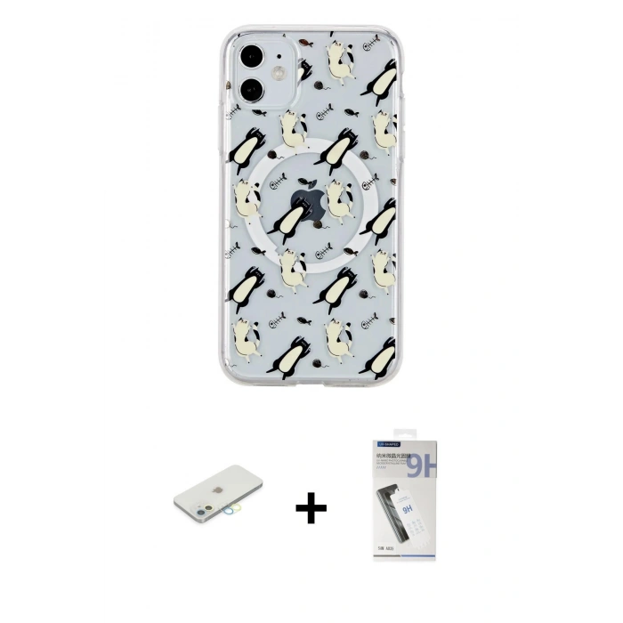 MARSİLYAN™- iPhone 11 Kılıf Pusula Form - Şeffaf Uv Polymer Nano Ekran Koruyucu + Renkli Kamera Lens Koruma Cam - SI
