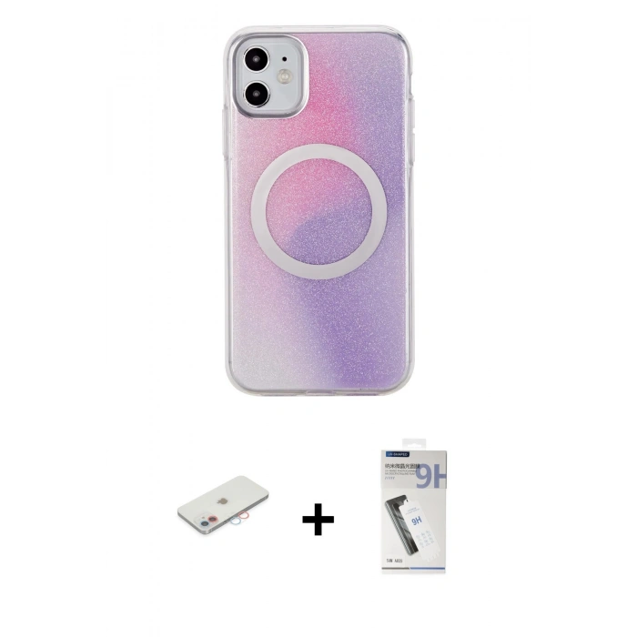 MARSİLYAN™- iPhone 11 Kılıf Pusula Form - Şeffaf Uv Polymer Nano Ekran Koruyucu + Renkli Kamera Lens Koruma Cam - PE
