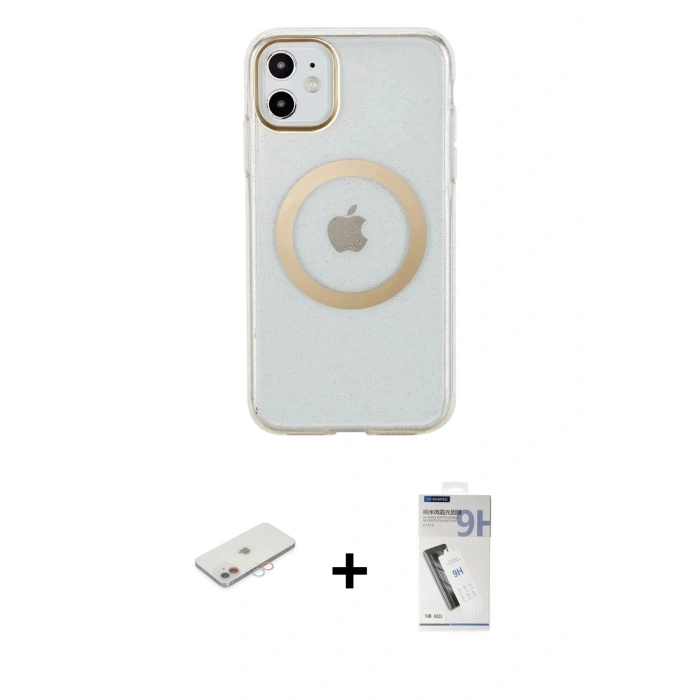 MARSİLYAN™- iPhone 11 Kılıf Pusula Form - Şeffaf Uv Polymer Nano Ekran Koruyucu + Renkli Kamera Lens Koruma Cam - PE