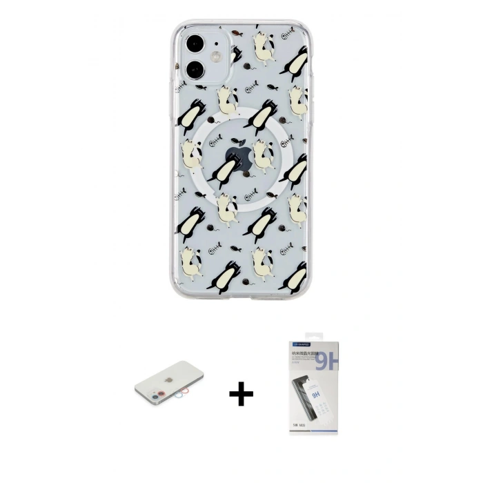 MARSİLYAN™- iPhone 11 Kılıf Pusula Form - Şeffaf Uv Polymer Nano Ekran Koruyucu + Renkli Kamera Lens Koruma Cam - PE