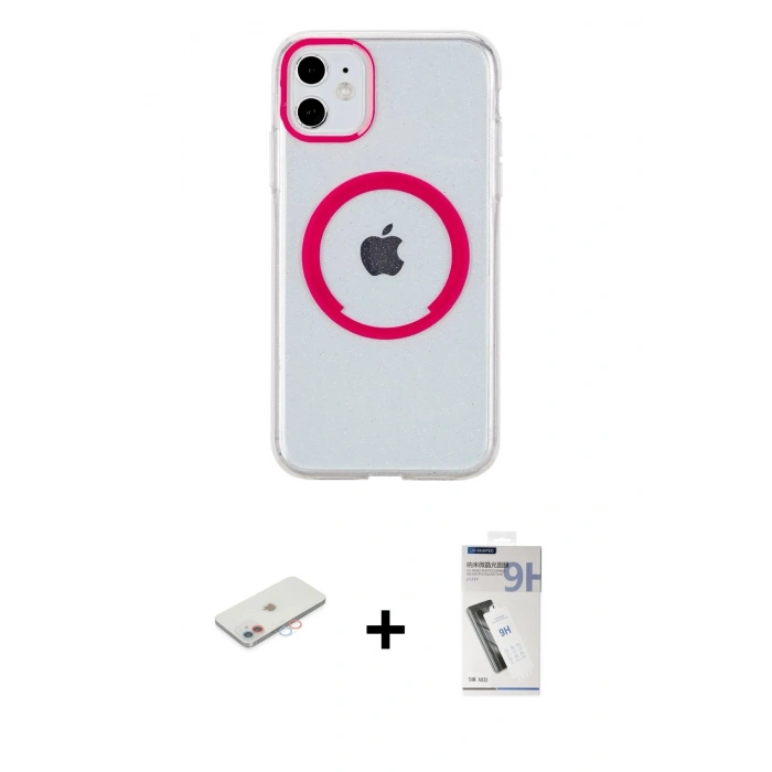 MARSİLYAN™- iPhone 11 Kılıf Pusula Form - Şeffaf Uv Polymer Nano Ekran Koruyucu + Renkli Kamera Lens Koruma Cam - PE