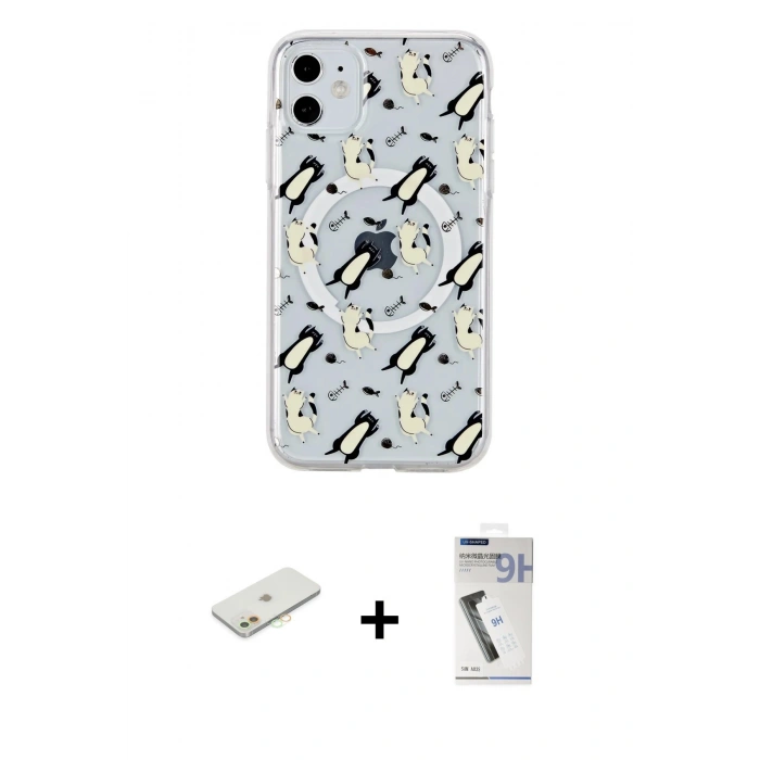 MARSİLYAN™- iPhone 11 Kılıf Pusula Form - Şeffaf Uv Polymer Nano Ekran Koruyucu + Renkli Kamera Lens Koruma Cam - TU