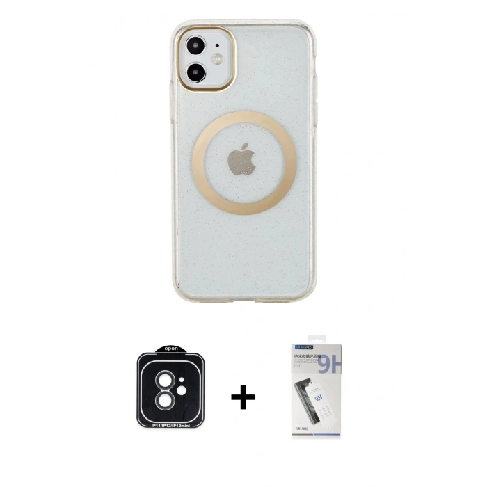 MARSİLYAN™- iPhone 11 Kılıf Pusula Form - Şeffaf Uv Polymer Nano Ekran Koruyucu + PVD Metal Kamera Lens - SH