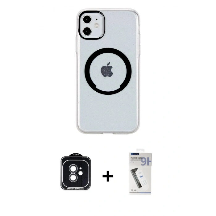 MARSİLYAN™- iPhone 11 Kılıf Pusula Form - Şeffaf Uv Polymer Nano Ekran Koruyucu + PVD Metal Kamera Lens - SH