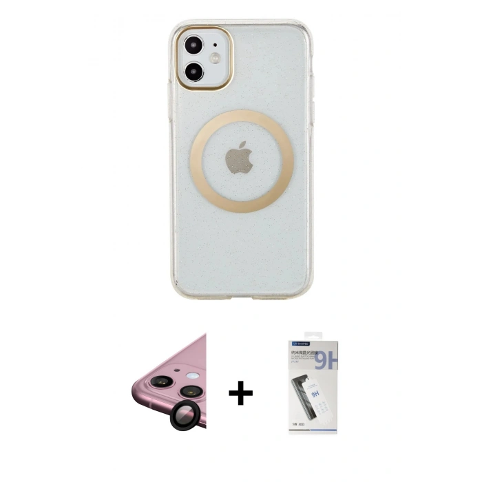 MARSİLYAN™- iPhone 11 Kılıf Pusula Form - Şeffaf Uv Polymer Nano Ekran Koruyucu + Siyah Raze Metal Kamera Lens