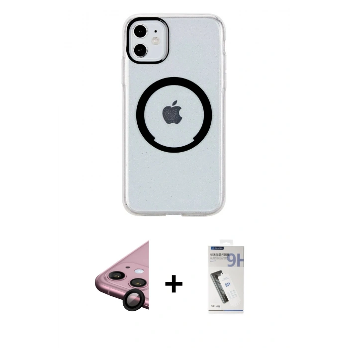 MARSİLYAN™- iPhone 11 Kılıf Pusula Form - Şeffaf Uv Polymer Nano Ekran Koruyucu + Siyah Raze Metal Kamera Lens
