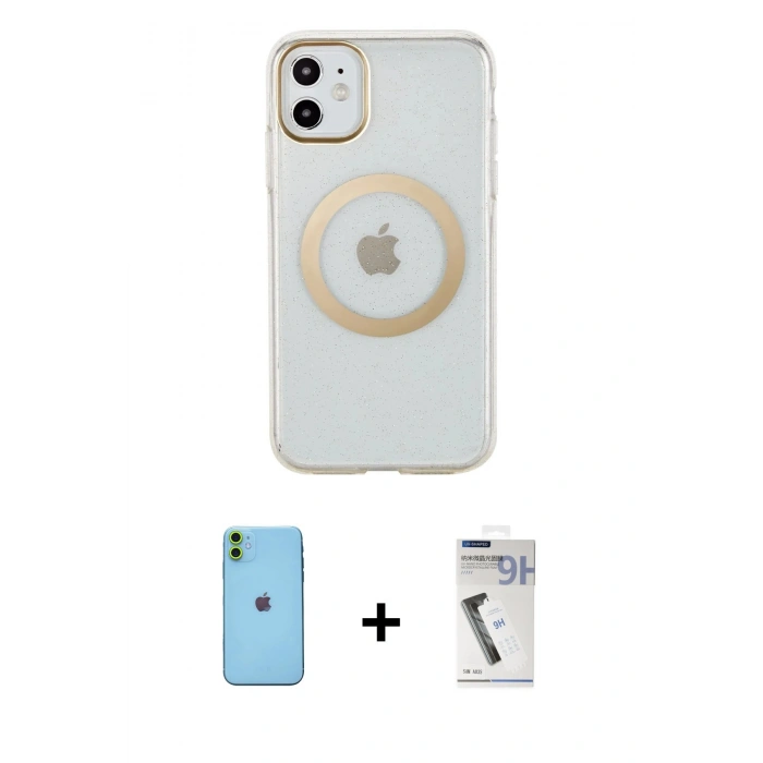 MARSİLYAN™- iPhone 11 Kılıf Pusula Form - Şeffaf Uv Polymer Nano Ekran Koruyucu + Neon Fosforlu Kamera Lens - YL