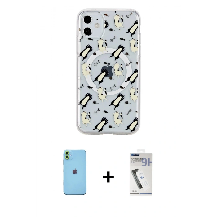 MARSİLYAN™- iPhone 11 Kılıf Pusula Form - Şeffaf Uv Polymer Nano Ekran Koruyucu + Neon Fosforlu Kamera Lens - YL
