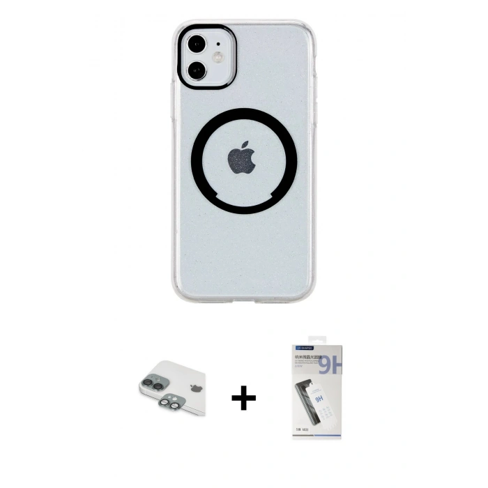 MARSİLYAN™- iPhone 11 Kılıf Pusula Form - Şeffaf Uv Polymer Nano Ekran Koruyucu + Pers Alüminyum Kamera Lens - YL