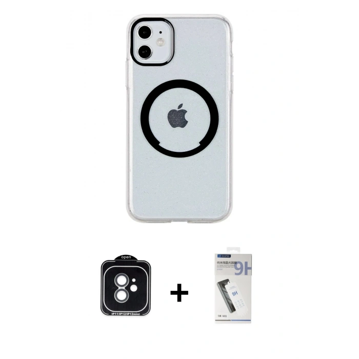 MARSİLYAN™- iPhone 11 Kılıf Pusula Form - Şeffaf Uv Polymer Nano Ekran Koruyucu + PVD Metal Kamera Lens - YL