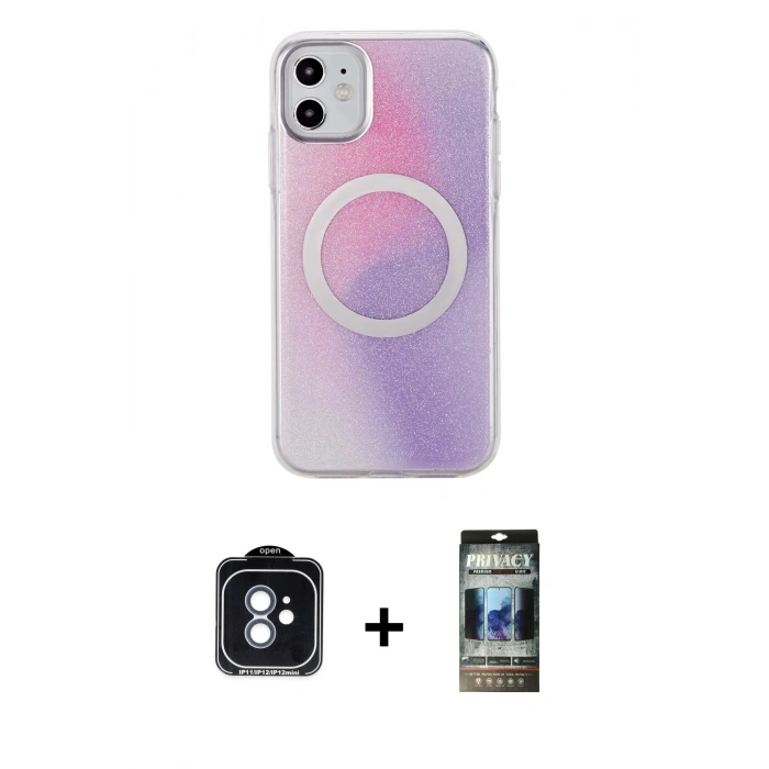 MARSİLYAN™- iPhone 11 Kılıf Pusula Form - Siyah 34D Hayalet Izgaralı Cam + PVD Metal Kamera Lens - MI