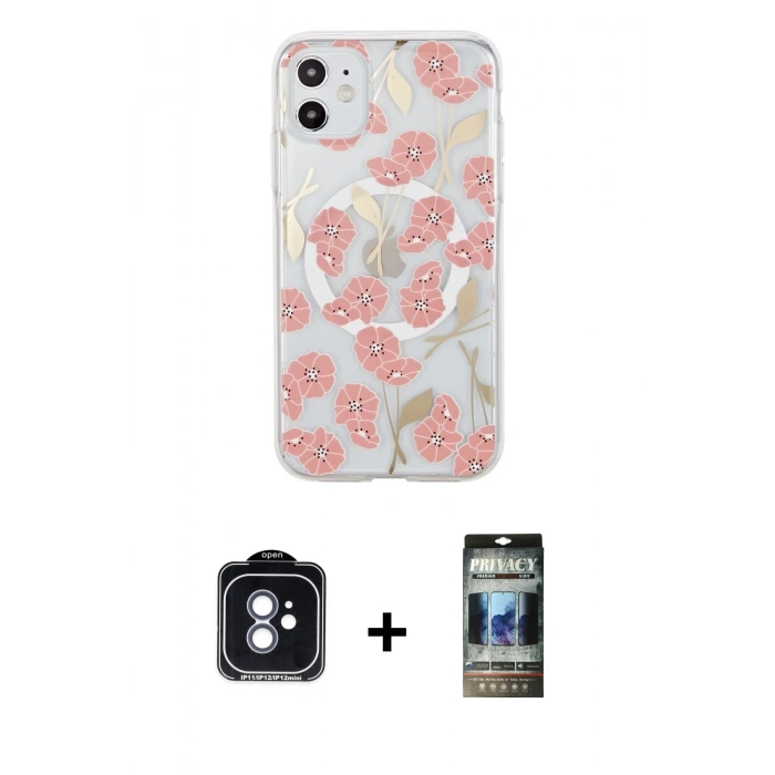 MARSİLYAN™- iPhone 11 Kılıf Pusula Form - Siyah 34D Hayalet Izgaralı Cam + PVD Metal Kamera Lens - MI
