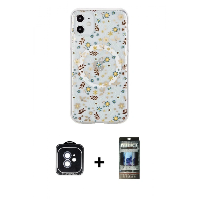 MARSİLYAN™- iPhone 11 Kılıf Pusula Form - Siyah 34D Hayalet Izgaralı Cam + PVD Metal Kamera Lens - MI
